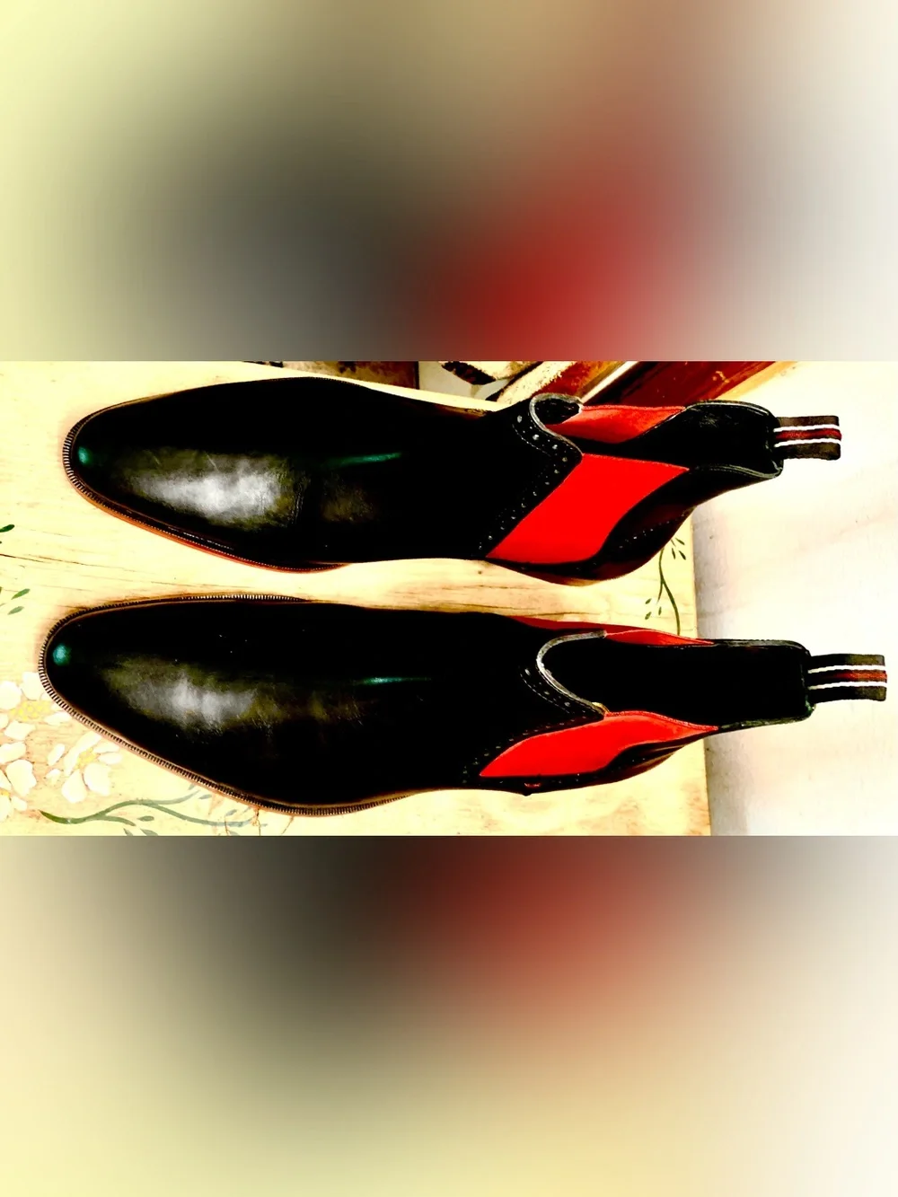 Men's Black Leather Chelsea Boots with Red Elastic Sides